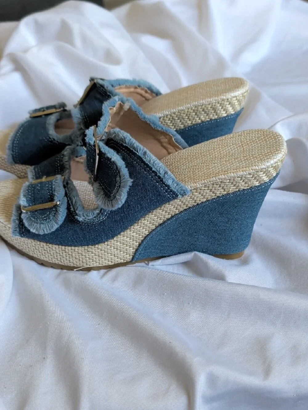 Denim Blue Wedge Sandals with Buckle Straps